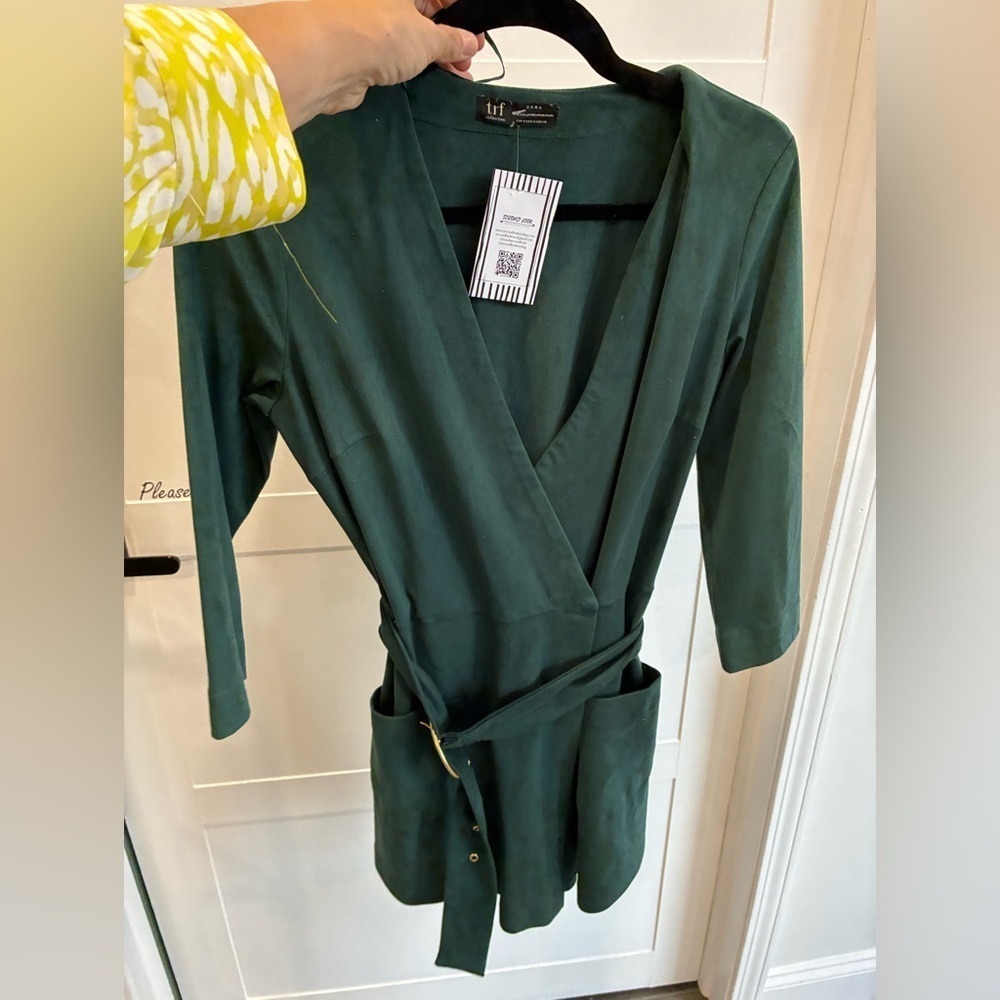 Zara green suede romper long sleeve with belt size M